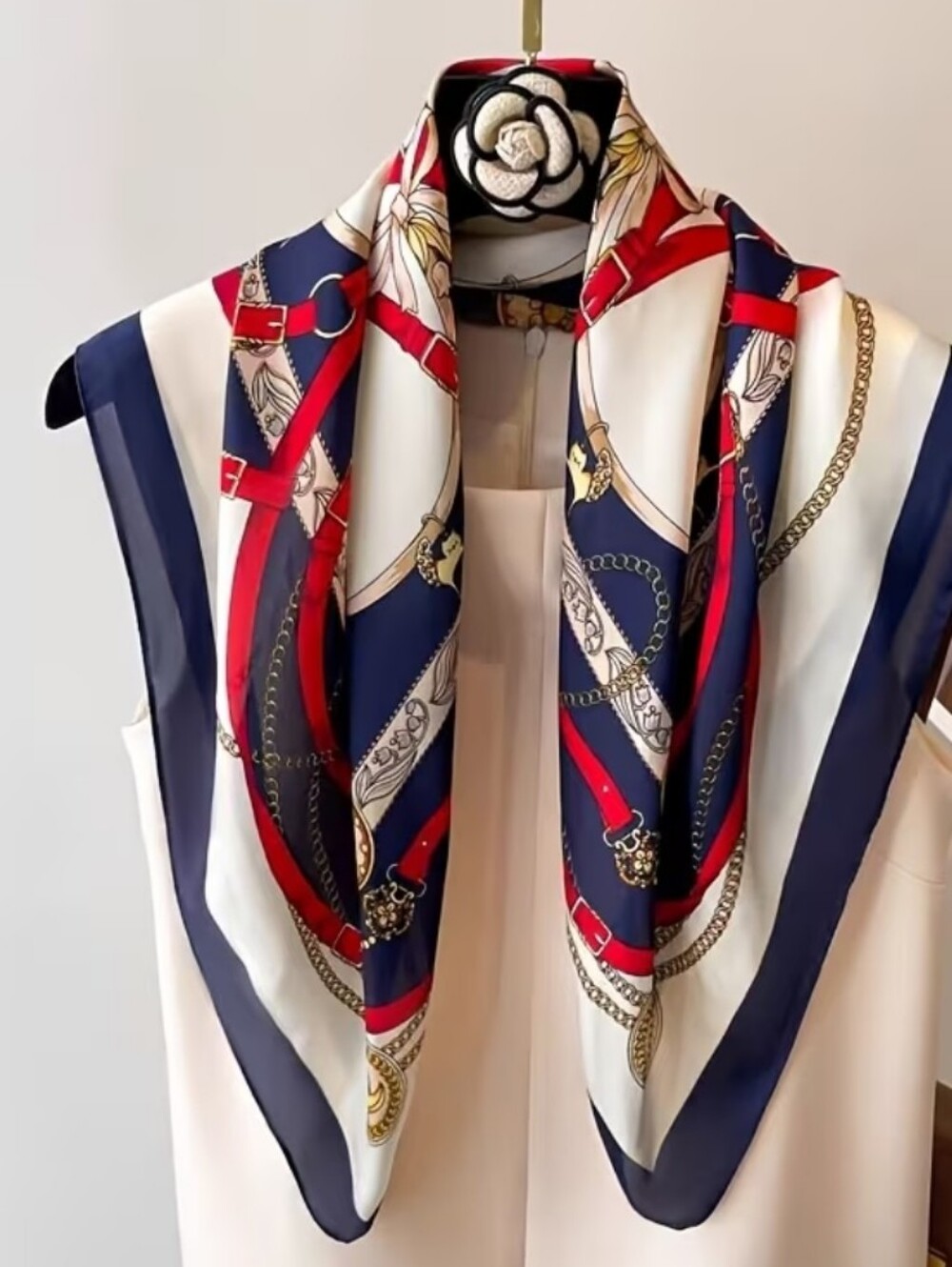 Silk-feel Elegant Navy, Red & White Chain-Print  Scarf Head Scarf , Neck Scarf
